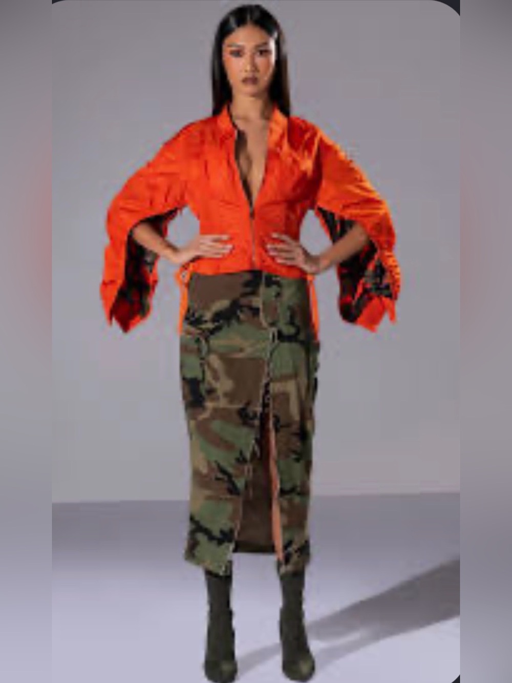AKIRA Bold Orange Satin Bomber Jacket with Bust Seams